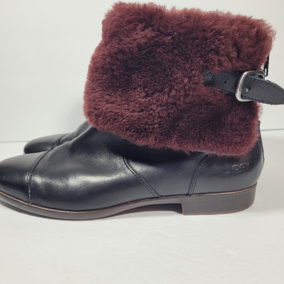 Ugg Inez Black Leather Boots with Wine Cuff - Picture 1 of 8
